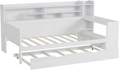 Merax Twin Size Corner Daybed Bed Frames with Desk and Trundle & Storage Shelves Headboard, Pinewood U-Shaped Captain Daybed Bed Frames for Small Room, Bedroom, Guest Room, Kids' Room, White