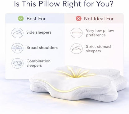Butterfly Cervical Pillow for Side Sleepers, Dual Height Neck Support Pillow (4.7”/3.9”), Ergonomic Memory Foam Pillow for Shoulder Support, Washable Cove
