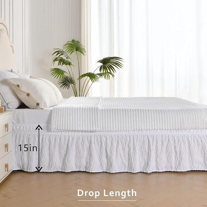 MIYE Wavy Tufted Bed Skirt - Wrap Around Dust Ruffle with Elastic Belts - 15 Inch Drop Easy to Put On - Bedskirt Machine Washable ＆ Wrinkle Resistant(Wavy/White, King/Queen-15 Drop)