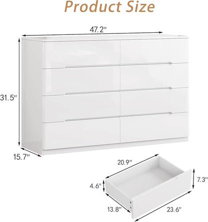 White Wood Dresser, 8 Drawer Dressers for Clothes Storage for Bedroom, Modern Dresser with Wide Drawers, Wide Wooden Chest Drawers for Living Room, Entryway, TV Stand