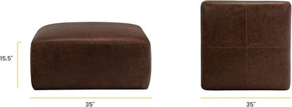 Poly & BARK Sequoia Ottoman – 35” Square Pouf with Feather-Down Topper – Full-Grain Leather Upholstered Pouf Ottoman for Living Room – Vintage Italian Leather in Chocolate Brown
