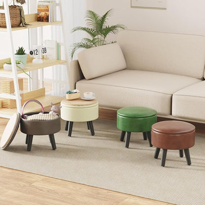 FIMIVIBI Small Foot Stool Ottoman with Storage, Faux Leather Ottoman Foot Rest for Couch, Round Footstool Ottomans for Living Room (White)