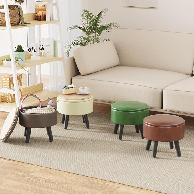 FIMIVIBI Small Foot Stool Ottoman with Storage, Faux Leather Ottoman Foot Rest for Couch, Round Footstool Ottomans for Living Room (Gray)