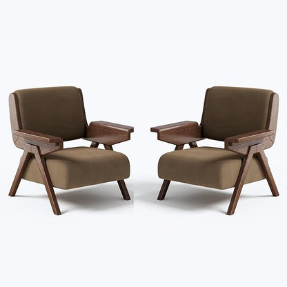 Mid Century Modern Accent Chair, Fabric Upholstered Lounge Arm Chair with Solid Wood Frame for Living Room, Bedroom, Office, Reading Corner (Coffee, Set of 2)
