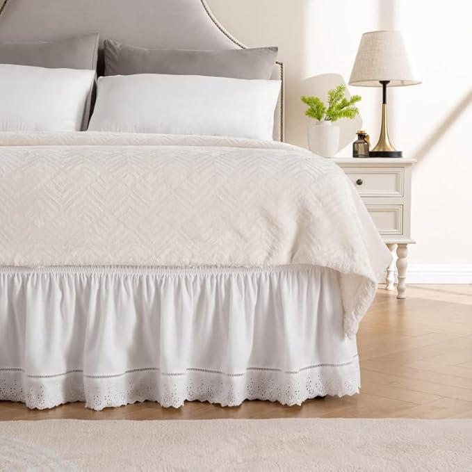 MIYE Wrap Around Ruffled Lace Bed Skirt, Elastic Dust Ruffle with Adjustable Belts, Easy to Put On, Bed Frame Cover, Machine Washable (Embroidered/White, King/Queen-22 Drop)