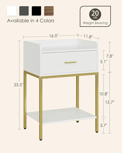 Masupu Nightstand,3-Tier Modern Bedside Night Stand with Storage Drawer and Shelf,Small End Side Table for Bedroom,Living Room,White (Without Outlet, White)