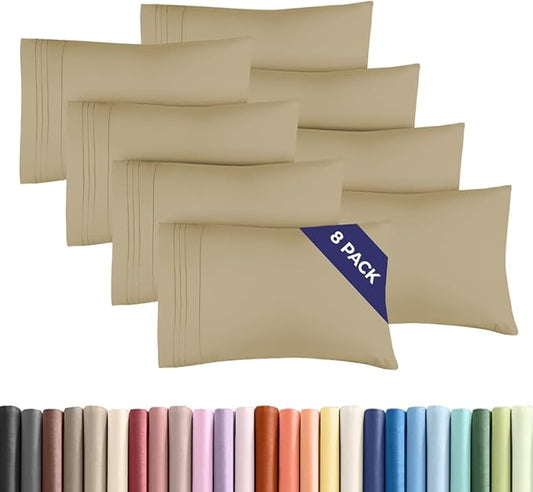 Queen Pillow Cases Set of 8 - Ultra Soft Hotel Quality Pillowcase Covers - Comfy & Wrinkle Free - Shrink, Stain and Fade Resistant - Easy-Care, Machine Washable Pillow Protectors - 8 Pcs Set - Beige