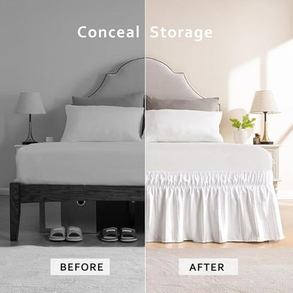 MIYE Striped Tufted Bed Skirt - Wrap Around Dust Ruffle with Elastic Belts - 15 Inch Drop Easy to Put On - Bedskirt Machine Washable ＆ Wrinkle Resistant(Striped/White, Full/Twin-15 Drop)