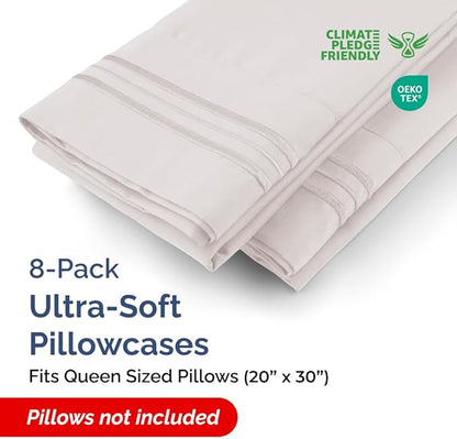 Queen Pillow Cases Set of 8 - Ultra Soft Hotel Quality Pillowcase Covers - Comfy, Cozy & Wrinkle Free - Shrink, Stain & Fade Resistant - Machine Washable Pillow Protectors - 8 Piece Set - Light Grey