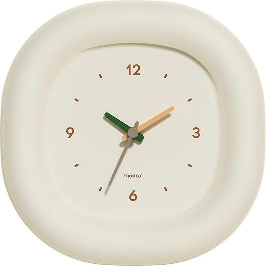 mooas Cute Mini Analog Marshmallow Clock 6.9 Inch Aesthetic Small Silent Bedside Desk Clock Battery Operated Non-Ticking Shelf Clocks for Décor Livingroom Bedroom Kitchen Desktop Gift Clock(Ivory)