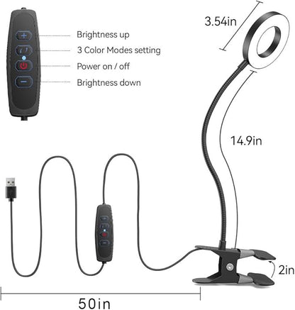 GARMESE LED Desk Lamp Clip on Light with 3 Color Modes 10 Brightness Ring/Clamp Light 360° Adjustable Neck Dimmable Eye Protection Desk Lamps for Home Office