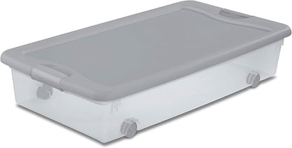 Sterilite 4 Pack Wheeled Under Bed Storage Container, 56 Qt Plastic Bin with Latching Lid for Organization - Clothes & Shoes Organizer, Silver Tint