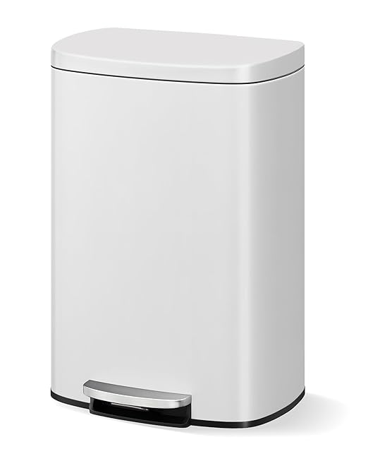 GarveeHome Stainless Steel Kitchen Trash Can, 13 Gal / 50 L Step-On Garbage Bin with Soft Close Lid, Large Rustproof Metal Trash Can for Kitchen, White