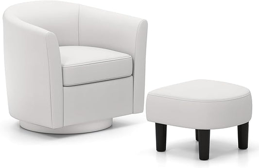 Giantex Swivel Small Accent Chair with Ottoman, Modern Barrel Club Chair w/Footrest, Curved Backrest & Armrests, Removable Seat Cushion, Swivel Single Sofa Arm Chair for Living Room, Bedroom(Creamy)