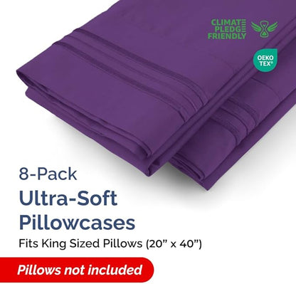 King Pillow Cases Set of 8 - Ultra Soft Hotel Quality Pillowcase Covers - Comfy & Wrinkle Free - Shrink, Stain and Fade Resistant - Easy-Care, Machine Washable Pillow Protectors - 8 Piece Set - Purple