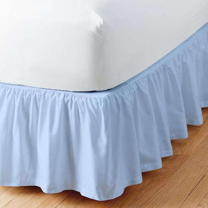 Light Blue Solid Ruffled Bed Skirt King XL-18 Inch Drop Split Corner, Microfiber Bedskirt with Platform Three Sided Coverage