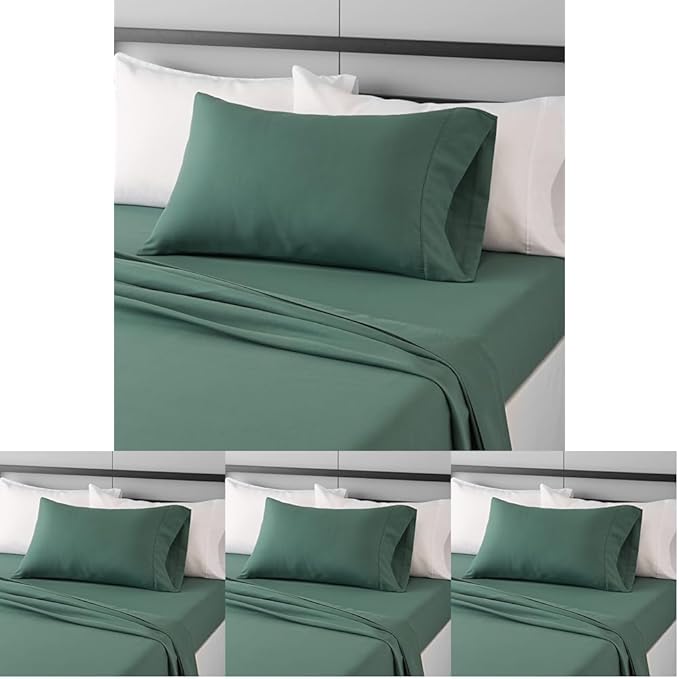 Amazon Basics Lightweight Super Soft Easy Care Wrinkle Free Microfiber 3 Piece Bed Sheet Set with 14-Inch Deep Pockets, Twin, Emerald Green, Solid, Kids, Men & Women Bedding (Pack of 4)