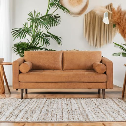 POLY & BARK Napa 72" Leather Sofa – Full-Grain Italian-Tanned Aniline Leather, Feather-Down Comfort, Solid Wood Frame, Walnut Legs, Cognac Tan