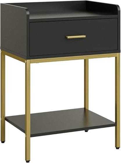 Masupu Nightstand,Bedside Table 3-Tier Modern Night Stand with Storage Drawer and Shelf,Small End Side Table for Bedroom,Living Room,Black (Without Outlet, Black)