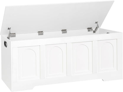 DINZI LVJ Storage Chest, 47.2" Rattan-Like Toy Box with 2 Safety Hinges, Wooden Entryway Storage Bench with Flip-Top, Large Trunk for Living Room, Bedroom, Easy Assembly, White