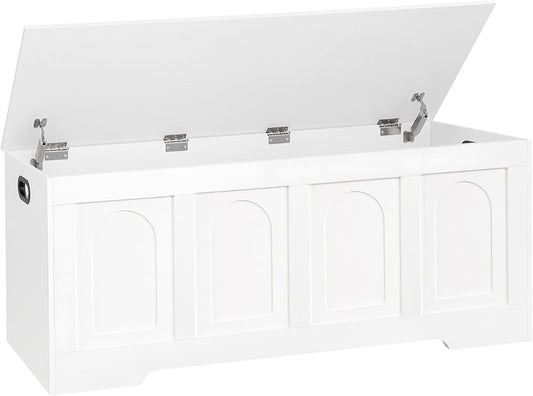 DINZI LVJ Storage Chest, 47.2" Rattan-Like Toy Box with 2 Safety Hinges, Wooden Entryway Storage Bench with Flip-Top, Large Trunk for Living Room, Bedroom, Easy Assembly, White