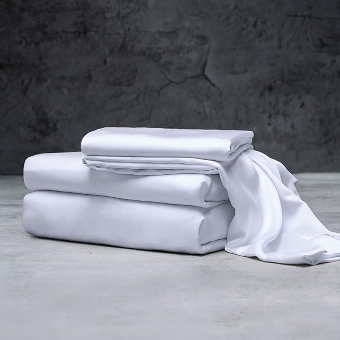 LUXOME Luxury Sheet Set | 100% Rayon (Viscose) from Bamboo | Queen Size - White | Deep Pockets | 4-Piece Set (Fitted, Flat, 2 Pillowcases)
