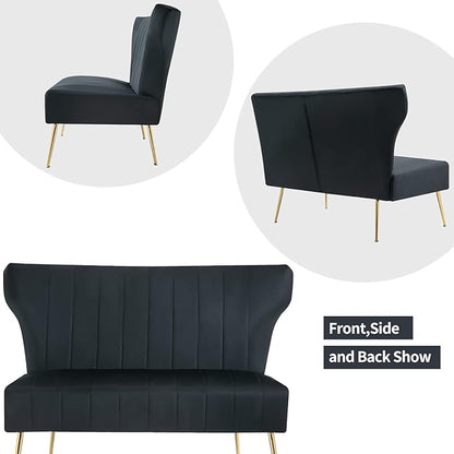 50’’ Armless Loveseat Sofa, Comfy Upholstered Velet Small Couch Sofa with Gold Legs, 2 Seater Tufted Modern Couch for Living Room, Bedroom, Apartment Small Space (Black)