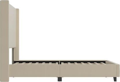 EMMA + OLIVER Nora King Size Faux Linen Upholstered Platform Bed with Plush Padded Wingback Headboard (No Box Spring Needed), Modern Upholstered Headboard King Bed Frame, Beige