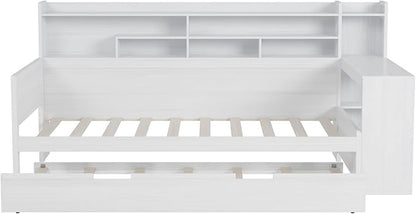 Merax Twin Size Corner Daybed Bed Frames with Desk and Trundle & Storage Shelves Headboard, Pinewood U-Shaped Captain Daybed Bed Frames for Small Room, Bedroom, Guest Room, Kids' Room, White