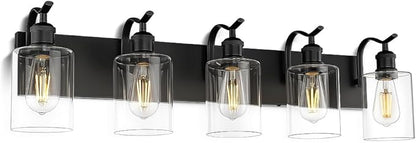 5 Light Bathroom Vanity Light, Black Light Fixture Morden Bathroom Lighting Fixtures Over Mirror Black Wall Sconces with Clear Glass Shade ZCVL01BK-5