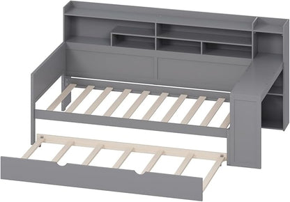 Merax Twin Size Corner Bed Frames with Desk and Trundle & Storage Shelves Headboard, Pinewood U-Shaped Captain Daybed for Small Room, Bedroom, Guest Room, Kids' Room, Grey