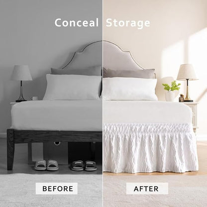 MIYE Wavy Tufted Bed Skirt - Wrap Around Dust Ruffle with Elastic Belts - 15 Inch Drop Easy to Put On - Bedskirt Machine Washable ＆ Wrinkle Resistant(Wavy/White, Full/Twin-15 Drop)
