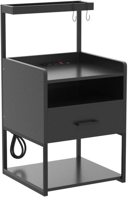 VIAGDO Nightstand with Charging Station and LED Lights, Black Night Stand with Drawer, Modern End Side Table with Open Storage Shelves, Bedside Tables for Bedroom, Office
