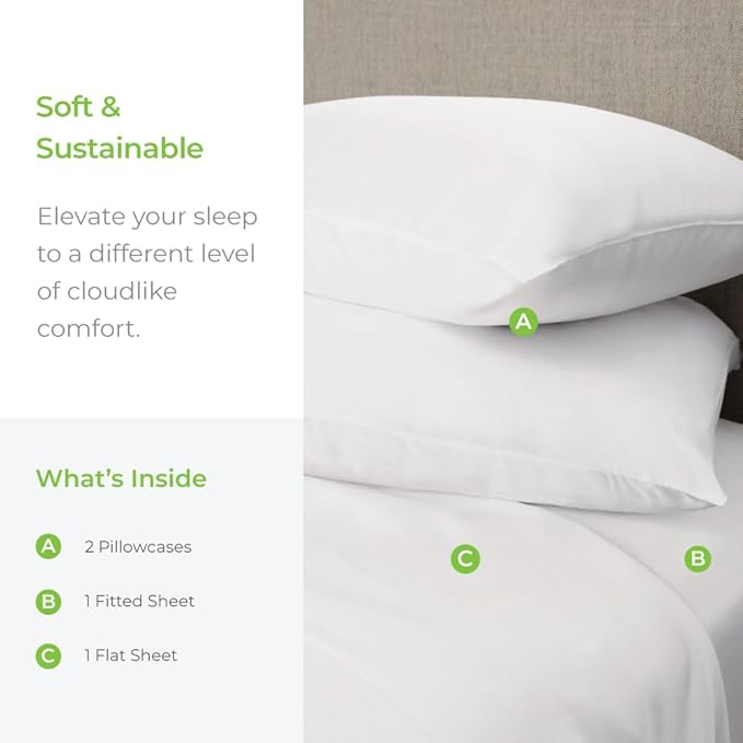 Cariloha Aloha Soft 4-Piece Sheet Set | White | King | Made from 100% Viscose derived from Bamboo | Introductory Sheet Line