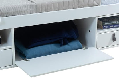 memomad Bali Slim Set: Storage Platform Bed with Drawers + Flat Panel Headboard (Full Size, White Wood)