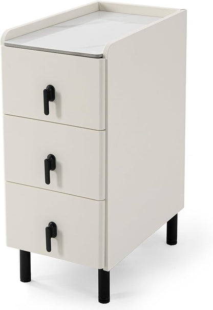 Lamberia Narrow Nightstand with 3 Drawers, Narrow Side Table, Small Bedside Table for Bedroom, Living Room, End Table for Small Space, Cream White，9.8''W x 15.8" D x 23.5" H