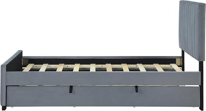 Twin Bed Frame with Trundle Bed,Velvet Upholstered Bed Frame,Twin Size Trundle Bed with Headboard,Upholstered Platform Bed Twin for Kids Teens Adults(Gray)