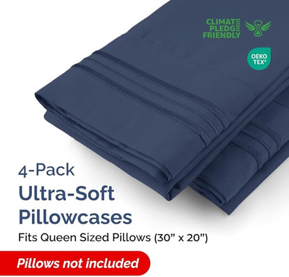 Queen Pillow Cases Set of 4 - Ultra Soft Hotel Quality Pillowcase Covers - Comfy, Cozy & Wrinkle Free - Shrinkage, Stain & Fade Resistant - Machine Washable Pillow Protectors - 4 Piece Set - Navy Blue