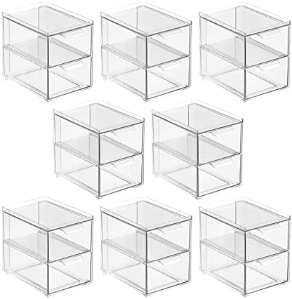 mDesign Stackable Storage Containers Box with 2 Pull-Out Drawers - Stacking Plastic Drawer Bins for Master or Guest Bathroom, Linen Closet, Vanity, or Makeup Table - Lumiere Collection - 8 Pack, Clear