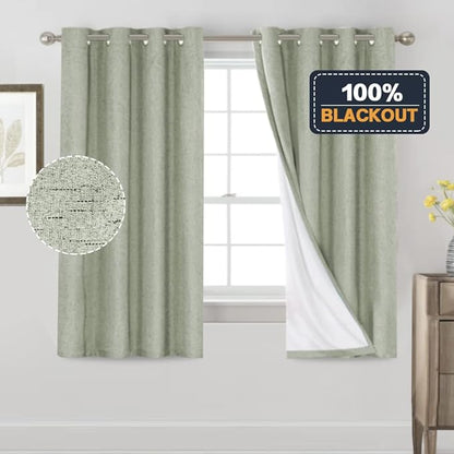 PrinceDeco 100% Blackout Linen Curtains 63 Inches Long 2 Panels Thermal Insulated Burlap Curtain with White Liner Grommet Room Darkening Textured Curtains for Bedroom Living Room (52x63 inch,Sage)