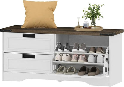 FATORRI Shoe Storage Bench, Entryway Bench with Flip Drawer, Wooden Entry Way Shoe Cabinet for Living Room Hallway (Walnut Brown+White Oak)