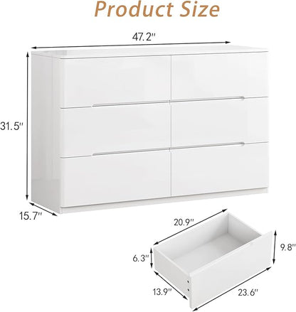 White Wood Dresser, 6 Drawer Dressers for Clothes Storage for Bedroom, Modern Dresser with Wide Drawers, Wide Wooden Chest Drawers for Living Room, Entryway, TV Stand