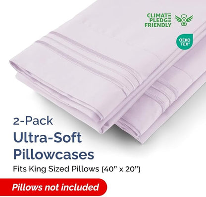King Pillow Cases Set of 2 - Ultra Soft Hotel Quality Pillowcase Covers - Comfy, Cozy & Wrinkle Free - Shrinkage and Fade Resistant - Machine Washable Pillow Protectors - 2 Piece Set - Light Lavender