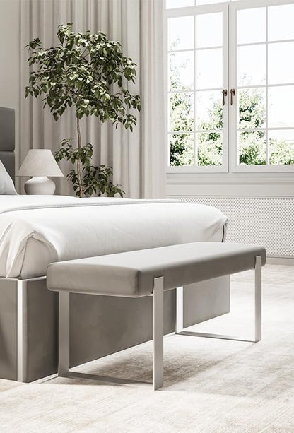 VANT Upholstered Bed Bench - Zigrino Oyster - Burnished Brass - Contemporary Modern, Bedroom Bench Seat, Hallway, or Entryway