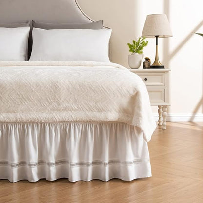 MIYE Wrap Around Ruffled Lace Bed Skirt, Elastic Dust Ruffle with Adjustable Belts, Easy to Put On, Bed Frame Cover, Machine Washable (Ruffled Lace/White, King/Queen-12.5" Drop)