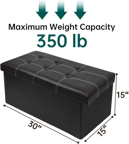 xupersodys 30 Inches Folding Storage Ottoman Bench, Faux Leather Footrest Ottoman, Storage Trunk Footstool for Bedroom, Living Room and Hallway, Support 350lbs, Black (White line)