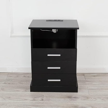 Halitaa Black LED Nightstand with Charging Station, Side Table with 3 Drawers and Light, End Table with Open Storage, Beside Cabinet for Bedroom (Black)