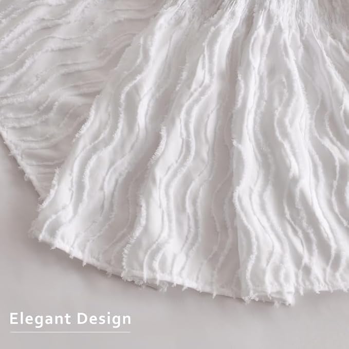 MIYE Wavy Tufted Bed Skirt - Wrap Around Dust Ruffle with Elastic Belts - 15 Inch Drop Easy to Put On - Bedskirt Machine Washable ＆ Wrinkle Resistant(Wavy/White, Full/Twin-15 Drop)