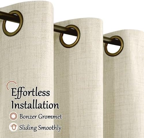 Short Blackout Curtains 45 Inch Length 2 Panels, Thermal Insulated Total Light Blocking Linen Window Curtains for Farmhouse Bedroom Basement, Bronze Grommet, Natural, Each 52" Wide