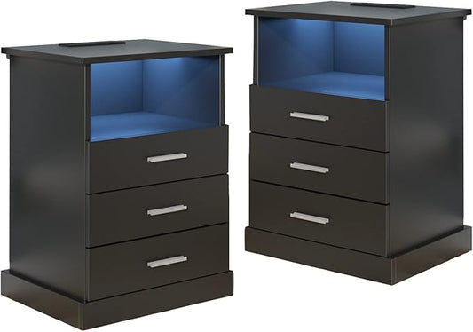 Halitaa Black LED Nightstand with Charging Station, Side Table with 3 Drawers and Light, End Table with Open Storage, Beside Cabinet for Bedroom (Black 2 Set)